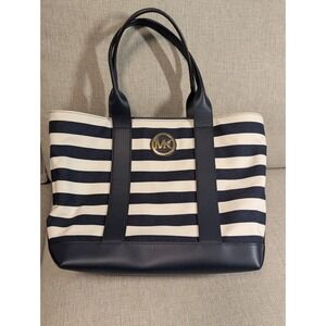 MICHAEL KORS Womens MK Fulton Navy Blue White Striped Yacht Canvas Tote